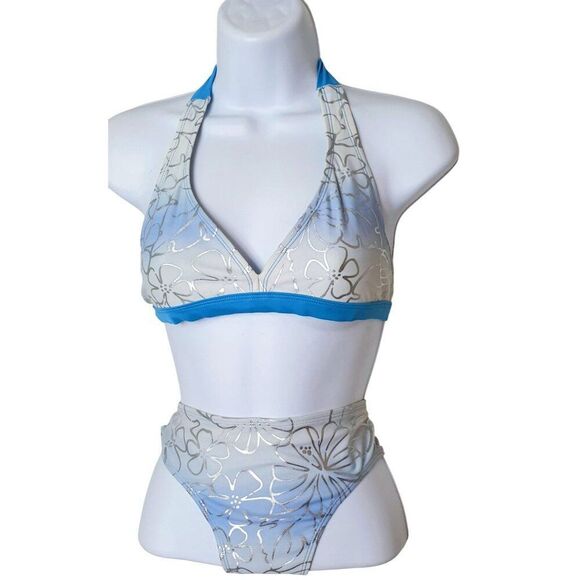 Girls Bikini Set Silver & Blue Lg Floral Halter Full Bum Coverage - Picture 1 of 3
